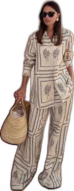 Look Hippie Chic, Shirt Collar Styles, Mode Chanel, Vacation Wear, Straight Trousers, Two Piece Set, Long Pants, Fashion Pants