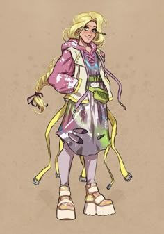 a drawing of a woman with blonde hair and glasses, wearing a pink coat and yellow scarf