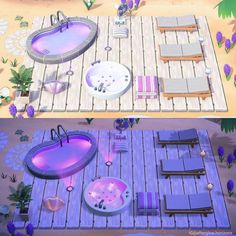 two different views of an outdoor hot tub and deck area with lounge chairs around it