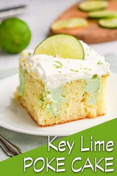 a piece of key lime poke cake on a white plate with the title overlay