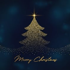 a merry christmas card with a gold tree on it's blue backgrounnd