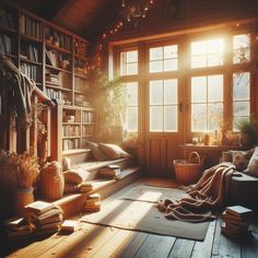 a living room filled with lots of books and furniture next to a large open window