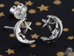 Silver Moon and Star Earrings Earrings Moon And Star, Celestial Moon Earrings With Star Charm, Silver Star Gothic Earrings, Silver Moon-shaped Celestial Crystal Earrings, Silver Moon-shaped Celestial Earrings, Moon And Star Earrings, Moon And Star, Silver Moon, Star Earrings