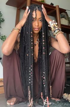 Beautiful Box Braids Black Women, Braid Assessories Hair, Braids With Seashells Black Women, Interesting Braids For Black Women, Goddess Braids With Jewels, Unique Braids Black Women, Mermaid Twists Black Hair, Intricate Braids Black, Micro Braids With Beads