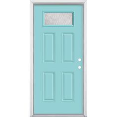 a blue front door with two glass panels on the top and bottom panel, against a white background