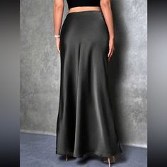 Rebellious Rose | Skirts | High Waist Solid Maxi Satin Skirt | Poshmark Elegant Full Length Solid Color Maxi Skirt, Black Satin Flared Skirt Bottoms, Satin Party Skirt, Black Satin Flared Skirt, Casual Satin Skirt For Party, Chic Black Satin Skirt, Chic Full-length Solid Color Skirt, Elegant Evening Bottoms Solid Color, Elegant Evening Bottoms In Solid Color