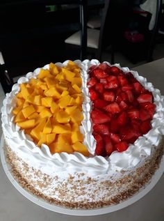 a cake with fruit on it sitting on top of a table