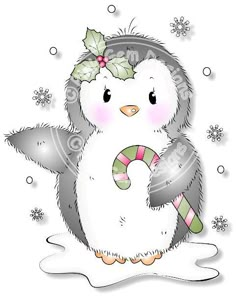 a penguin with a candy cane in its hand and snowflakes on the ground