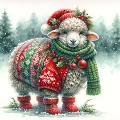 a painting of a sheep wearing christmas sweaters and boots with decorations around its neck