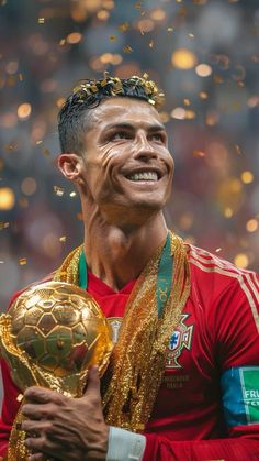 the soccer player is holding his trophy in front of confetti and gold garlands