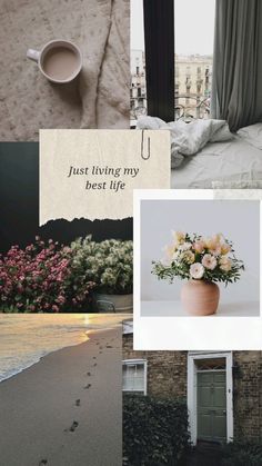 a collage of photos with flowers and pictures on them that say just trying my best life