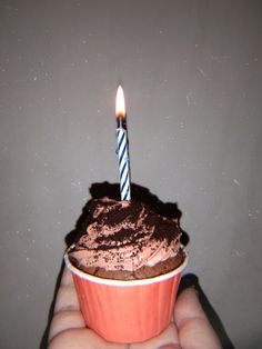 a hand holding a cupcake with a lit candle on it and chocolate frosting