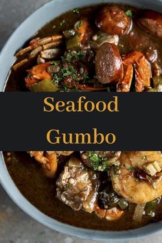 seafood gumbo in a blue bowl with text overlay