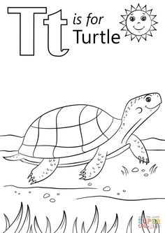 the letter t is for turtle coloring page with an image of a turtle swimming in water