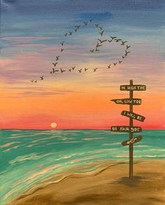 an acrylic painting of a beach with birds flying over the ocean and signs pointing in different directions