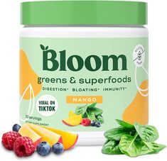 bloom greens and superfoods with mango, blueberries, raspberry, and spinach