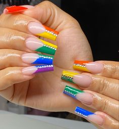 Pride Nails French Tips, Nail Ideas Rainbow, Pride Nails Acrylic, Rainbow Pride Nails, Bi Pride Nails, Pride Nail Ideas, Rainbow Nail Ideas