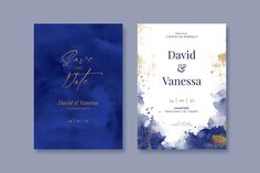 two blue and gold wedding cards with the words save the date written on them in gold foil