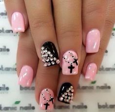 50+ Beautiful Pink and Black Nail Designs 2017 Nail Diamond, Feather Nails, Cross Nails, Black Nail Designs, Black Nail, Unique Nails, Fancy Nails, Creative Nails