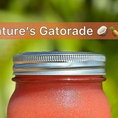 a close up of a mason jar filled with fruit and vegetables on a green background that says nature's gatorade