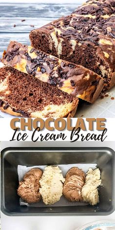 chocolate ice cream bread is cut in half and ready to be eaten with text overlay