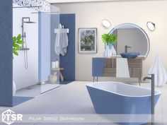 a bathroom with blue walls and white flooring is shown in this image, there is a bathtub next to the sink