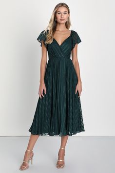 Standout Sophistication Emerald Lurex Flutter Sleeve Midi Dress Evening Dresses With Ruffles And Flutter Sleeves, Evening Dress With Ruffles And Flutter Sleeves, Green Midi Dress With Pleated Bodice For Evening, Elegant Pleated Dress For Wedding Guest, Elegant Evening Maxi Dress With Flutter Sleeves, Glamorous Flowy Evening Dress, V-neck Pleated Dress For Wedding Guest, Flutter Sleeve Dresses For Gala, Pleated V-neck Dress For Wedding Guest