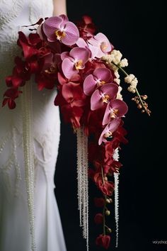 Red Orchid Wedding Bouquet, Unusual Bridal Bouquet, Creative Wedding Bouquets, Colorful Orchid Bouquet, Dramatic Wedding Bouquet, Orchid Flower Bouquet, Wedding Orchids