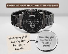 GET 36 % OFF YOUR PURCHASE OF 2 OR MORE ITEMS.  CODE: 2LUMIERE36OFF | 3LUMIERE36OFF |   4LUMIERE38OFF Title: Handwritten Message, Engraved Watch, Engraved Watch for Men, Personalized Gift for Him, Custom watch Engraving Gift for Son Dad Husband Gift A gift that speaks volumes of your affection for your dad, son, husband, boyfriend, or any special man in your life. Celebrate special moments with our timeless and sophisticated Black Chronograph Watch for men, featuring your personal handwritten me Engraved Watches For Men Messages, Engraved Watches For Men, Watch Engraving Ideas, Anniversary Presents, Engraved Watch, Digital Wrist Watch, Boyfriend Watch, Bff Birthday Gift, Personalized Watches