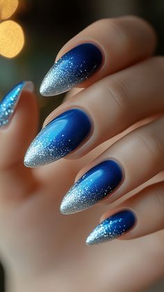 Hoco Nails Blue And Silver, September Sapphire Nails, Nails Royal Blue And Silver, Blue And Silver Nails Acrylic, Silver Blue Nails, Ravenclaw Nails, Blue Christmas Nail Ideas, Nails Blue Silver, Blue Silver Nails