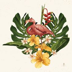 a pink flamingo surrounded by tropical flowers and leaves