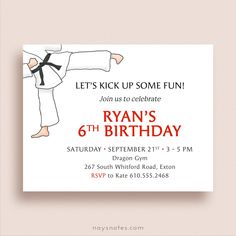 a karate birthday party card with the words, let's kick up some fun