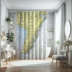 a bathroom with a map shower curtain in it