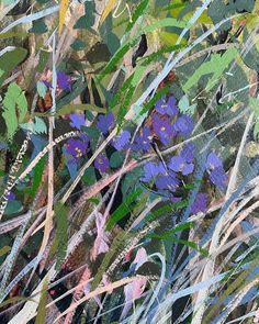 an abstract painting of purple flowers and grass