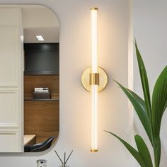 a bathroom with a sink, mirror and plant in it