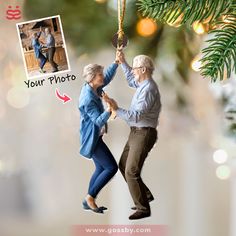 an elderly couple dancing under a christmas tree ornament with the caption your photo