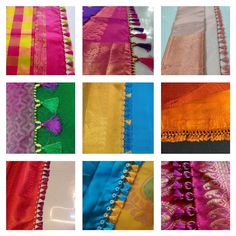 six different types of sarees are shown in multiple colors and patterns, including pink, yellow, blue, green, purple, red