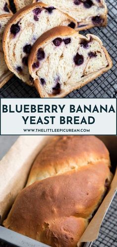 blueberry banana yeast bread in a loaf on a cooling rack with text overlay