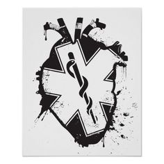 the medical symbol with paint splatters on white paper, in black and white