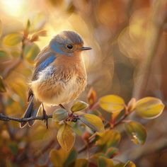 a small bird sitting on top of a tree branch next to green and yellow leaves