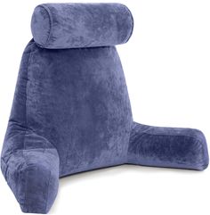 a blue reclining chair that is made out of velvet and has a pillow on the back