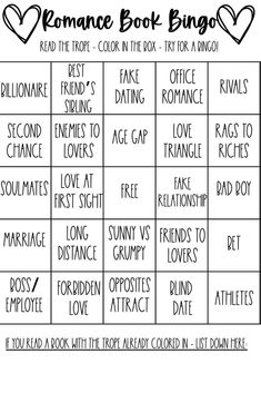 a printable romantic book bingo game with hearts on the top and words below it