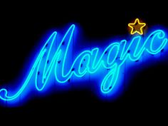 a neon sign that says maggo with a star in the middle and blue light