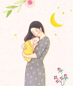 a woman holding a baby in her arms under a crescent moon and stars above flowers