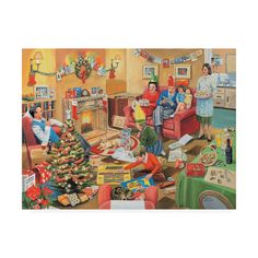 a family gathering around a christmas tree in the living room with presents on the table