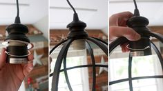 three pictures of a light fixture being held by someone's hand and holding it up