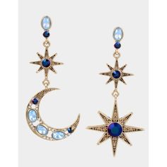 Betsey Johnson Mismatched Earrings Featuring Celestial Stars And Crescent Moon Embellished With Crystal And Blue Tonal Colored Stone Accents And Textured Details. Earrings Are Set In Gold-Tone Metal With A Post Back Closure. Features: Mismatched Earrings Featuring Celestial Stars And Crescent Moon Embellished With Crystal And Blue Tonal Colored Stone Accents And Textured Details. Earrings Are Set In Gold-Tone Metal With A Post Back Closure. Gold-Tone Metal With Glass Size: Womens One Size Measur Blue Star Earrings, Mismatch Earrings, Antique Gold Earrings, Blue Drop Earrings, Betsey Johnson Earrings, Moon And Star Earrings, Star And Moon, Antique Gold Jewelry, Gold Jewelry Earrings