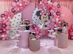 a minnie mouse themed birthday party with balloons