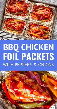 bbq chicken foil packets with peppers and onions in them on top of tin foil