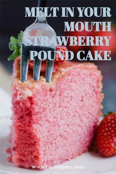 a fork stuck into a slice of strawberry cake